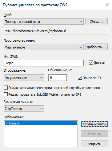 Диалог Публикация слоев по протоколу ZWS