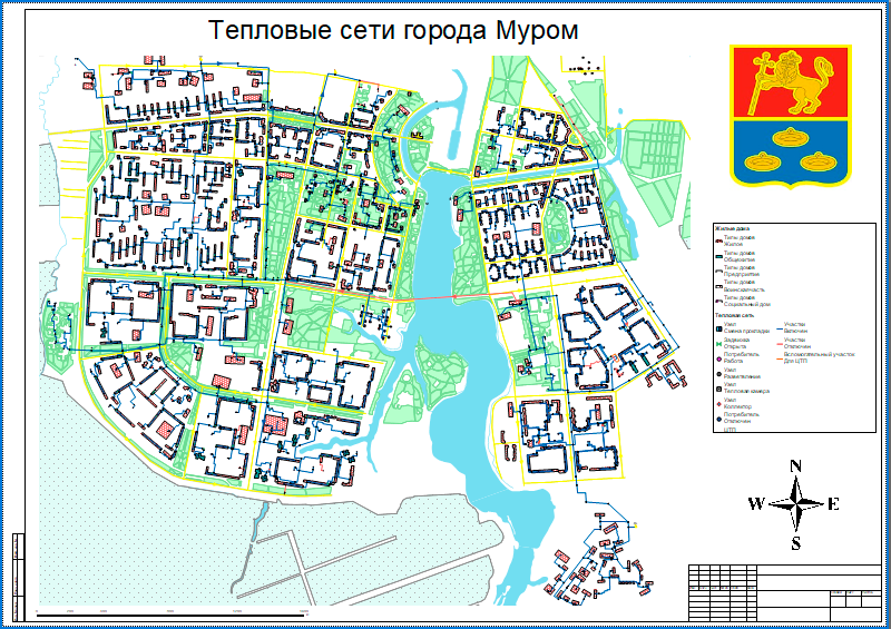 Предварительный просмотр макета с картой города на листе A1, область печати задана По габаритам слоя Тепловая сеть с опцией вписать в страницу