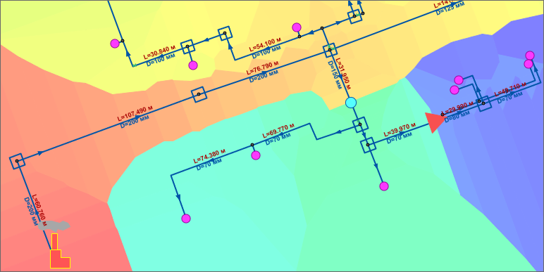 Раскраска тепловой сети зонами (по располагаемому напору) с помощью встроенных фильтров