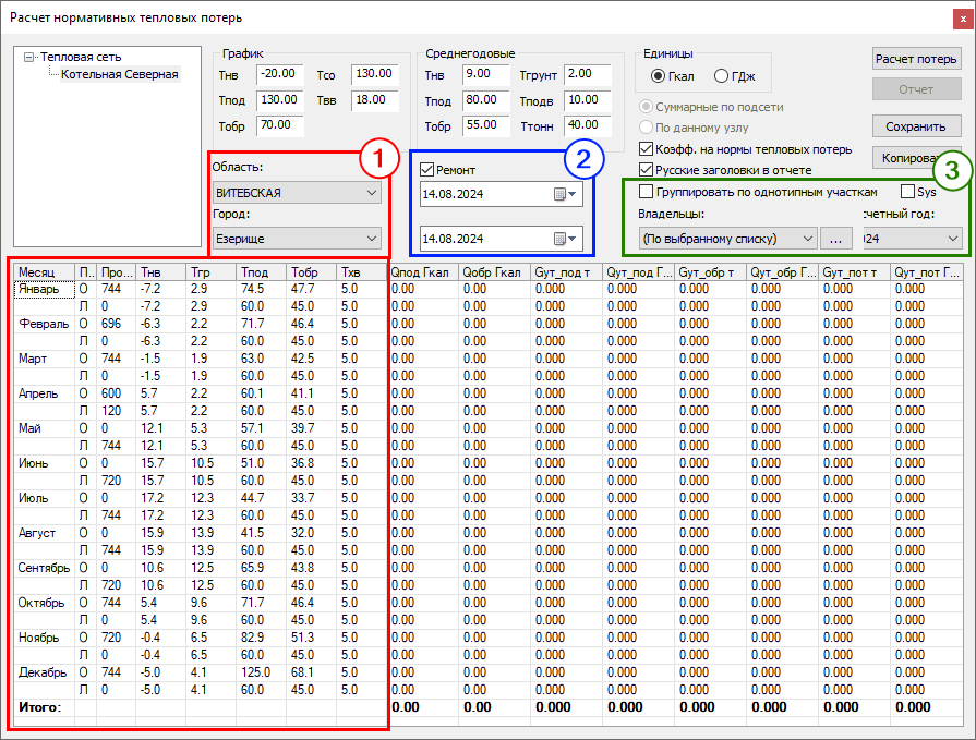 Окно расчета годовых нормативных тепловых потерь